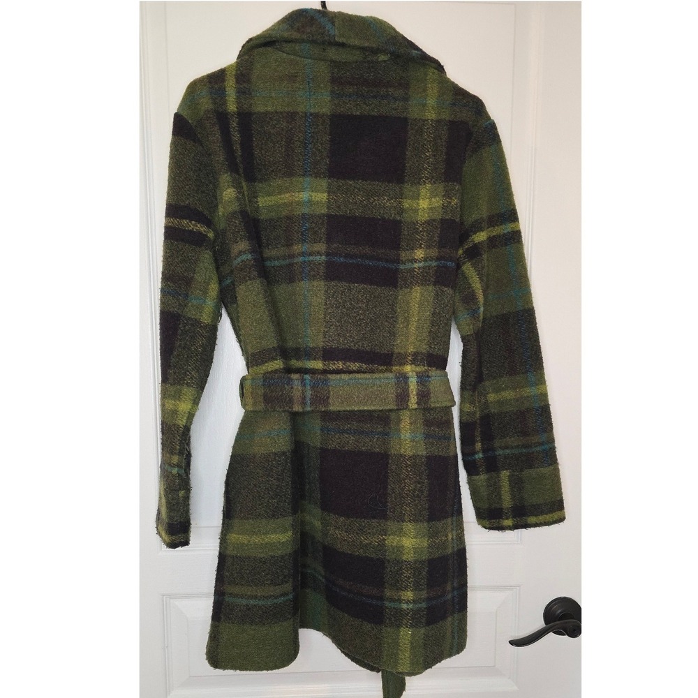 Rachel Zoe Green Plaid Wrap Coat Womens Large Belted Wide Lapel Long Sleeve L - Picture 7 of 7